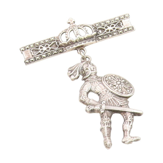 925 Sterling Silver Vintage Brooch Pin Marcasite Knight & Crown Dangle  BP12430