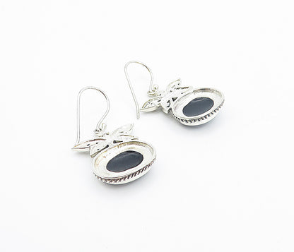 925 Sterling Silver Vintage Black Onyx Dragonfly Shiny Drop Earrings EG3573