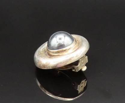 925 Silver  Vintage Cabochon Hematite Round Non Pierced Earrings  EG11921