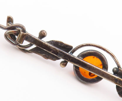 925 Sterling Silver Vintage Brooch Amber Dark Tone Floral Cutout  BP11510
