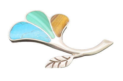 MEXICO 925 Silver  Vintage Tigers Eye Turquoise & Malachite Brooch Pin BP10142
