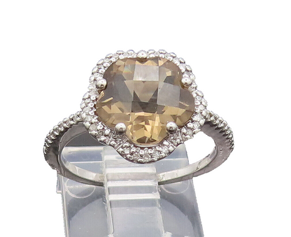 925 Silver  Vintage Flower Cut Smokey Quarts Halo CZ Band Ring Sz 7  RG26815