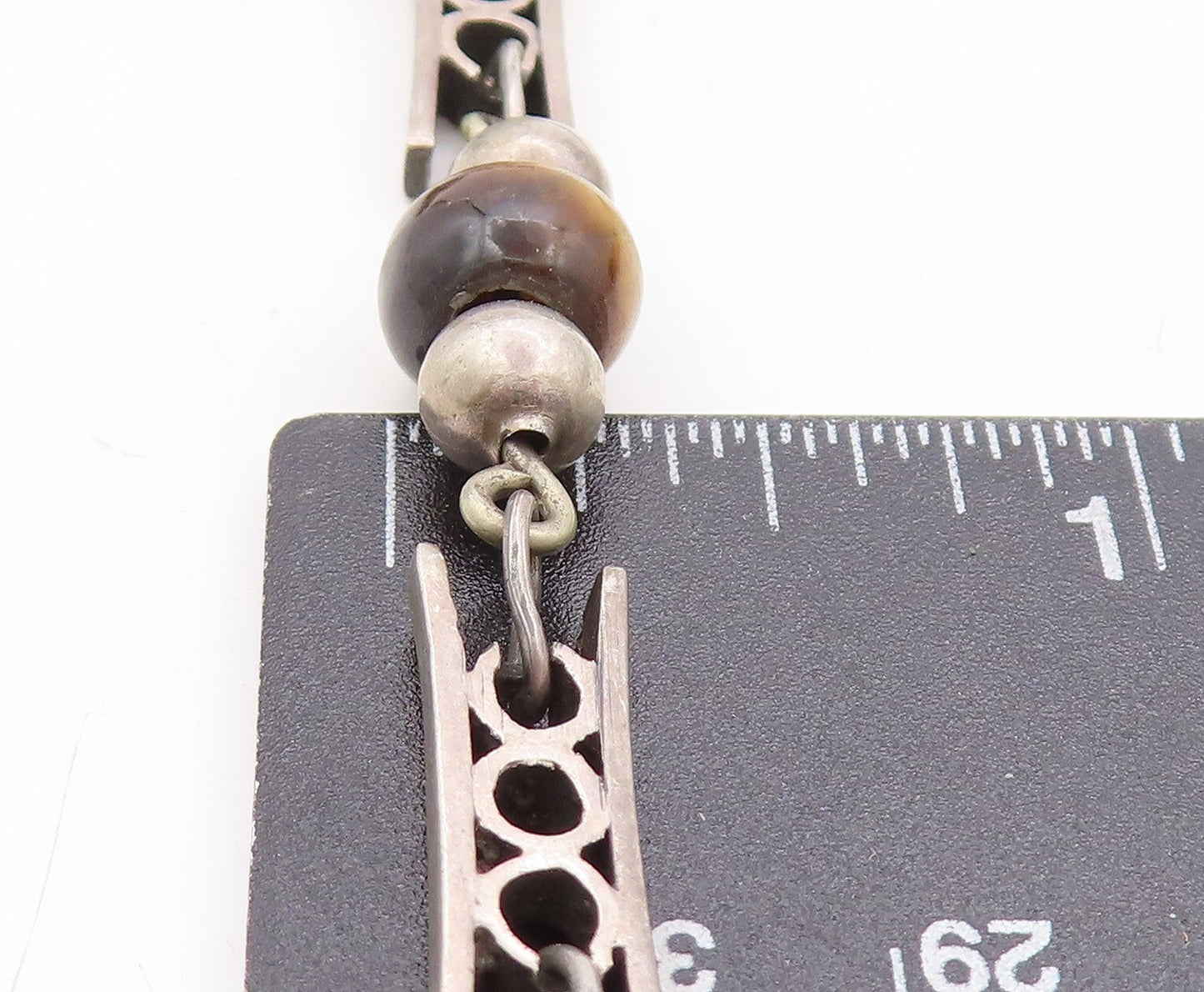 925 Sterling Silver Vintage Necklace MEXICO Designer Beaded Tiger's Eye   NE4413