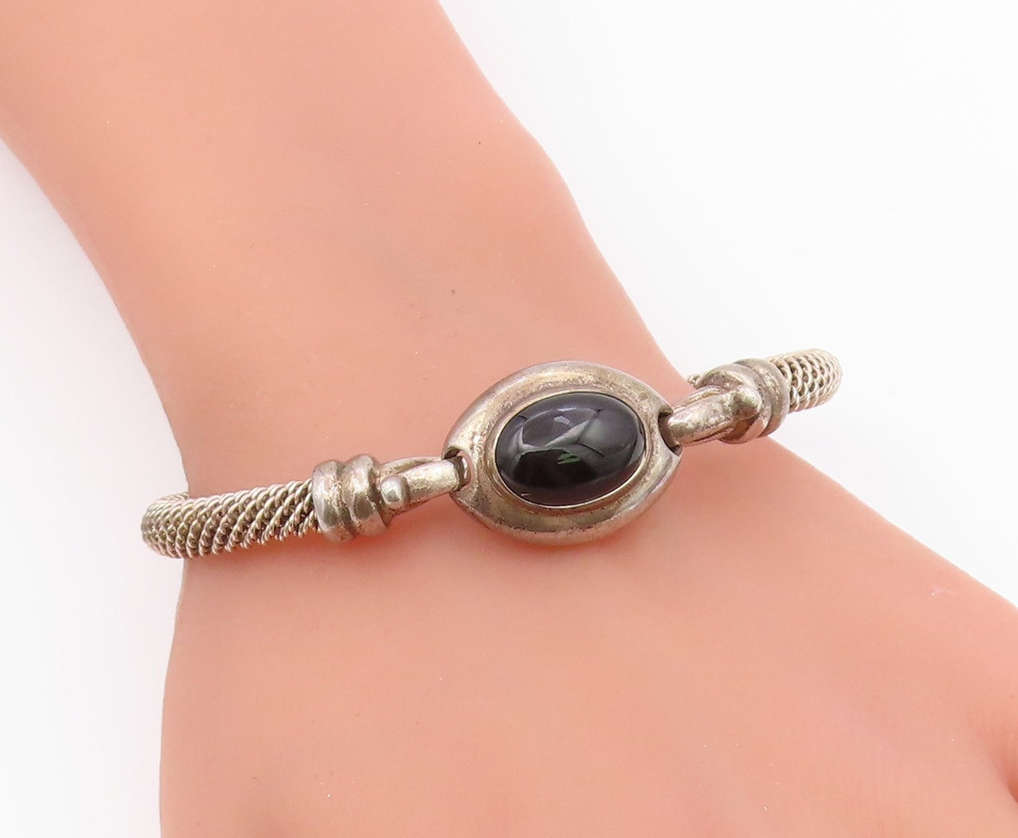 ESPO SIG 925 Silver  Vintage Cabochon Cut Black Onyx Bangle Bracelet  BT8185