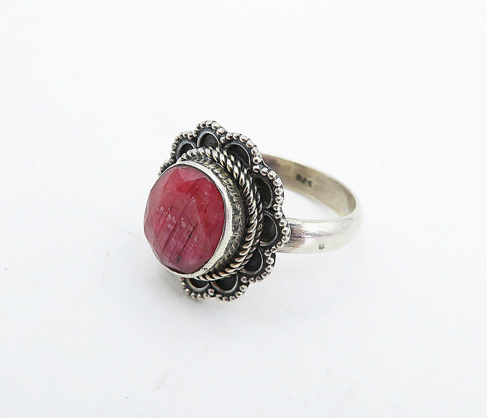 925 Sterling Silver  Vintage Ruby Floral Border Cocktail Ring Sz 7.5  RG4504