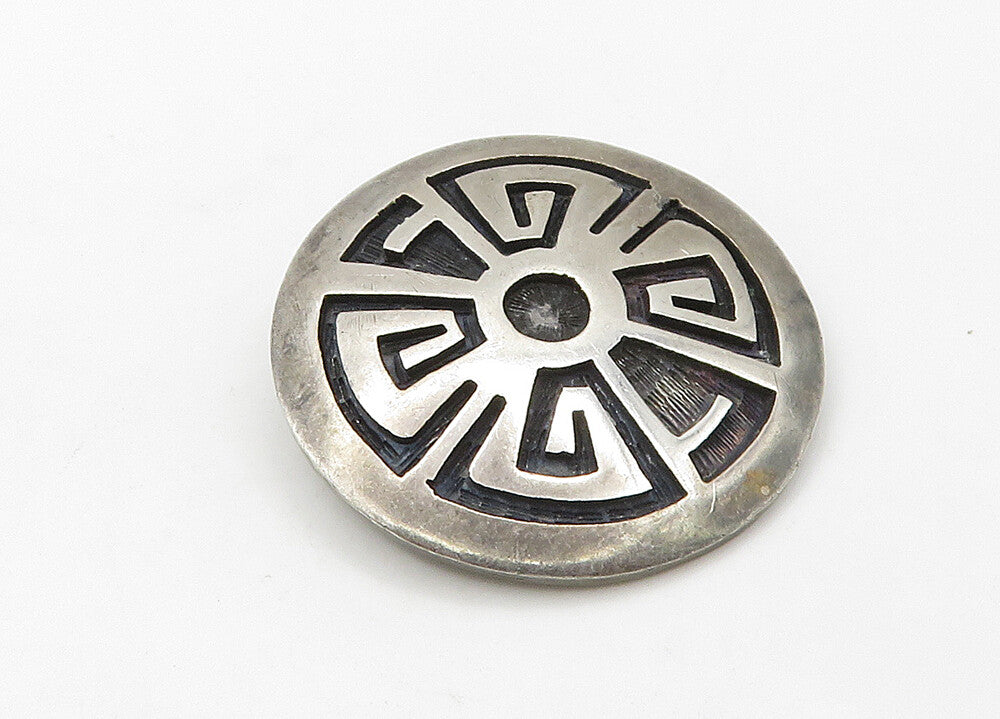 NAVAJO 925 Sterling Silver  Vintage Oxidized Pattern Round Brooch Pin  BP8430