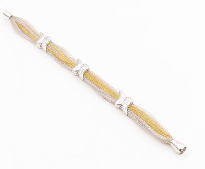 925 Sterling Silver Vintage Bracelet Elegant CZ Two Tone Mesh Chain  BT11980