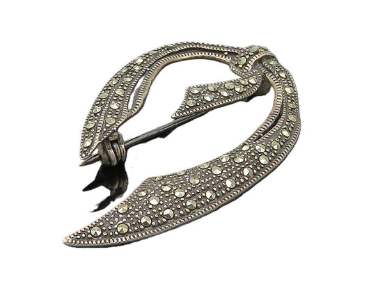 925 Sterling Silver  Vintage Sparkling Marcasite Ribbon Brooch Pin  BP6573