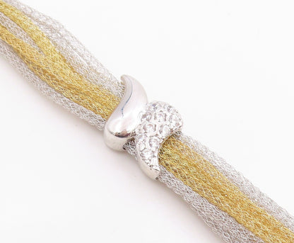 925 Sterling Silver Vintage Bracelet Elegant CZ Two Tone Mesh Chain  BT11980