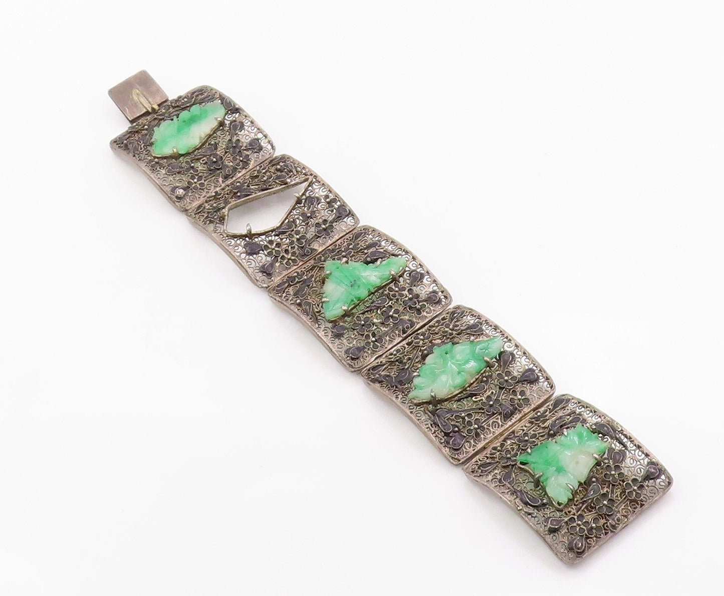 925 Sterling Silver Vintage Bracelet CHINESE EXPORT Jade Flora Filigree  BT12134