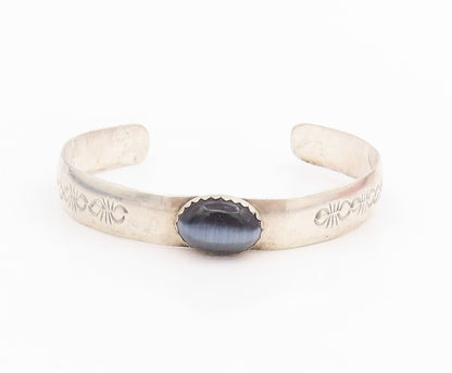 925 Sterling Silver Vintage Bracelet Oval Cabochon Cat Eye Etched Cuff  BT11635