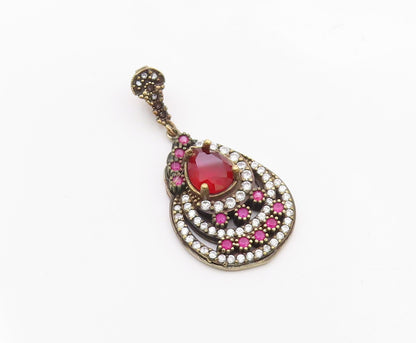 925 Sterling Silver  Vintage Red Topaz Cubic Zirconia & Ruby Pendant  PT6287