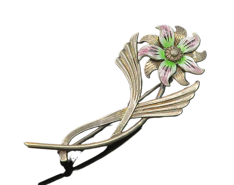 SYMMETALLIC 925 Silver & 14K GOLD  Vintage Enamel Flower Brooch Pin  BP7355
