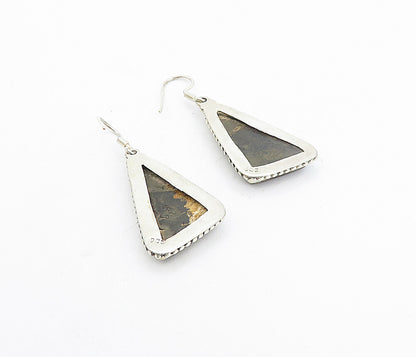 925 Sterling Silver  Vintage Brown Jasper Fluted Shiny Dangle Earrings  EG3779