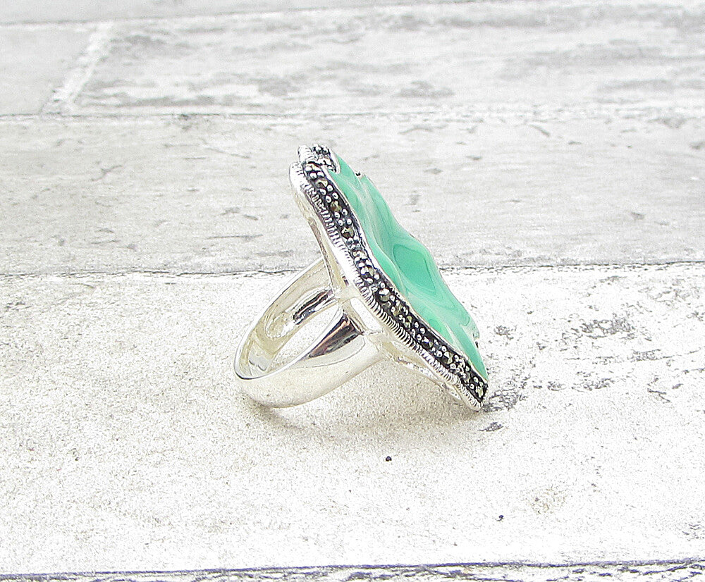 925 Sterling Silver  Marcasite Over Green Enamel Floral Ring Sz 7.5  RG1939