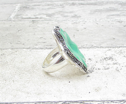 925 Sterling Silver  Marcasite Over Green Enamel Floral Ring Sz 7.5  RG1939