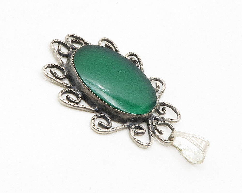 925 Sterling Silver  Vintage Green Carnelian Floral Swirl Pendant  PT11492