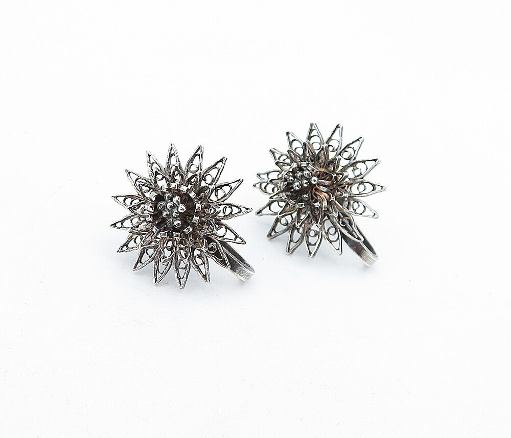 925 Sterling Silver  Vintage Dark Tone Floral Non Pierce Drop Earrings  EG2640