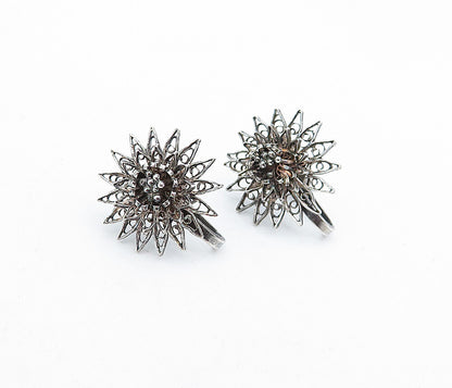 925 Sterling Silver  Vintage Dark Tone Floral Non Pierce Drop Earrings  EG2640