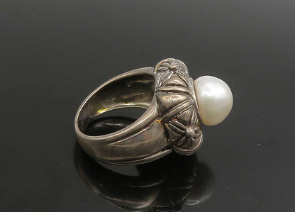 925 Sterling Silver   Vintage Cultured Pearl Floral Cocktail Ring Sz 8 RG23372