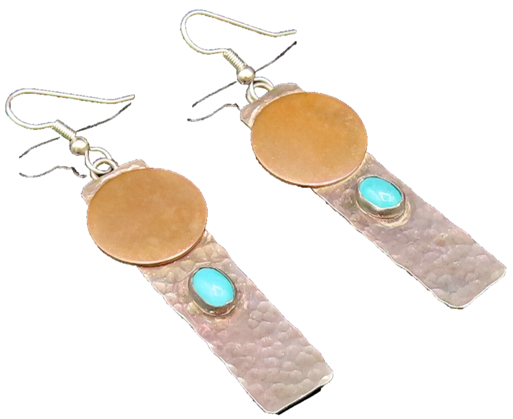925 Silver  Vintage Round Disc & Hammered Flat Bar Turquoise Earrings  EG12230