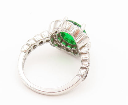 925 Silver  Vintage Emerald & Cubic Zirconia Flower Ring Sz 5.25  RG26129