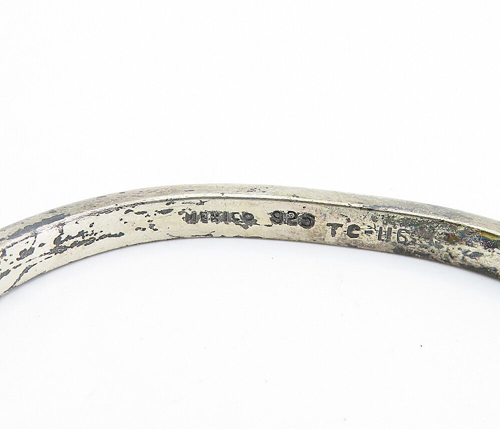 MEXICO 925 Silver Vintage Multi Gemstone Striped Oval Bangle Bracelet BT2981