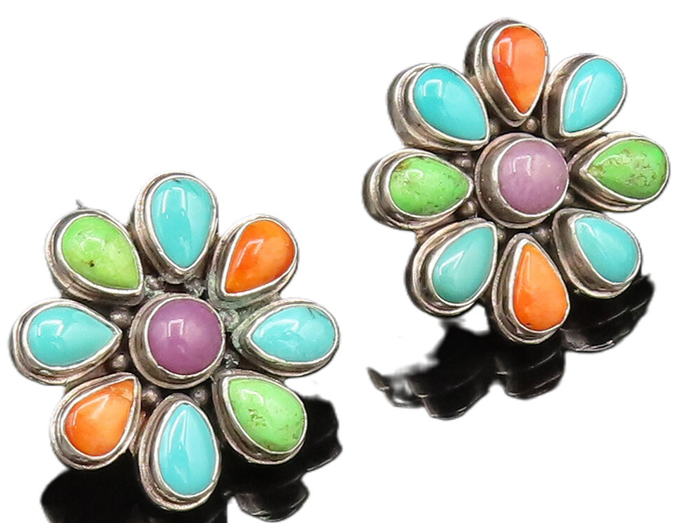 925 Silver  Vintage Turquoise Charoite & Spiny Flower Stud Earrings  EG12214