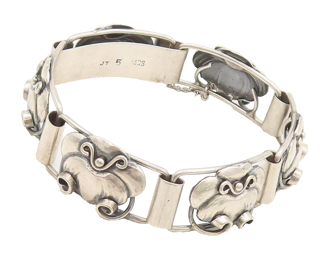 925 Sterling Silver Vintage Bracelet DENMARK Link Carved Framed Flower  BT10218