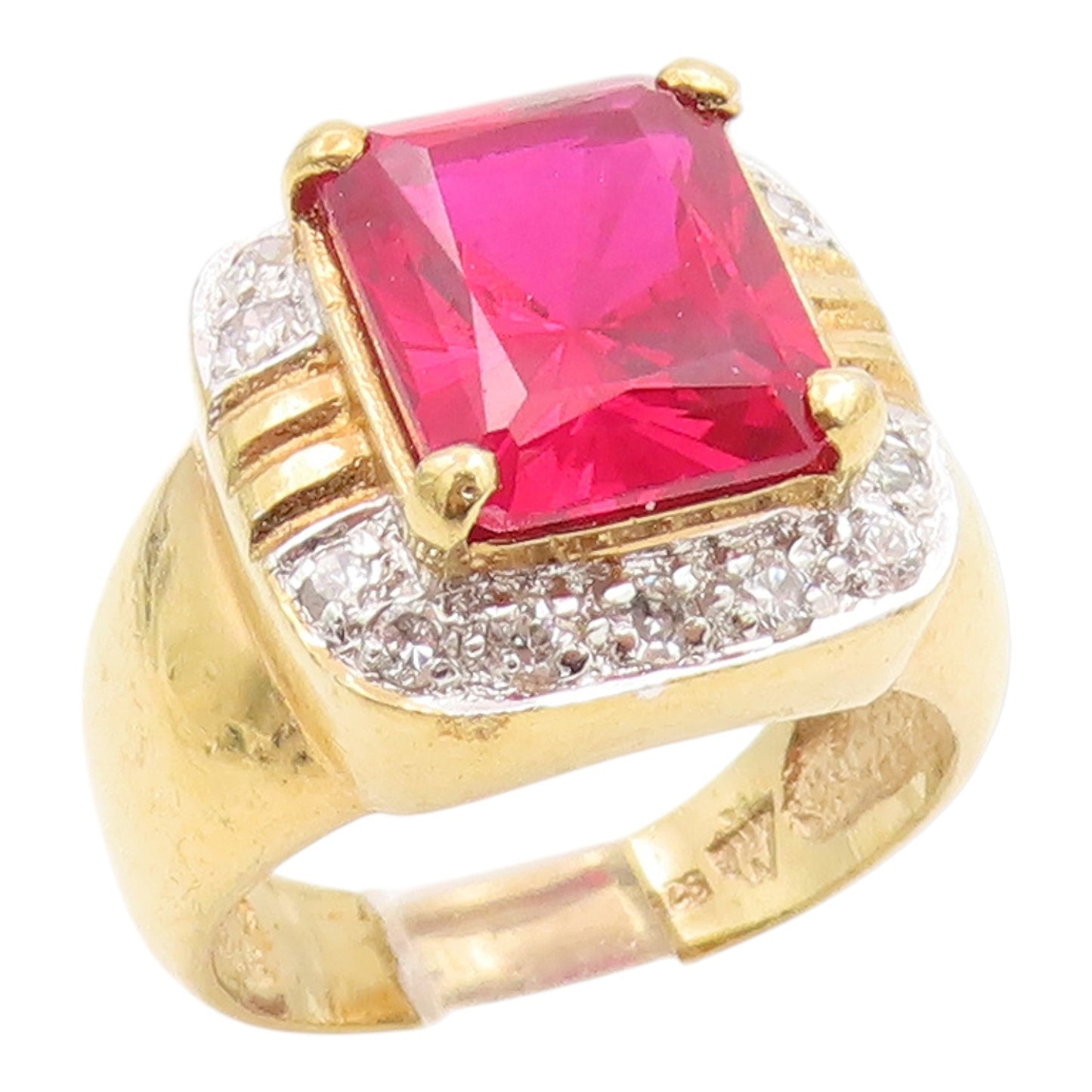 925 Sterling Silver Vintage Ring Gold Plated Ruby & Halo CZ Band  Sz 7  RG35384