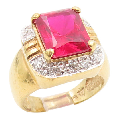 925 Sterling Silver Vintage Ring Gold Plated Ruby & Halo CZ Band  Sz 7  RG35384