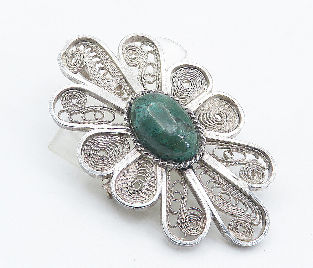 925 Sterling Silver  Vintage Eilat Stone Filigree Flower Brooch Pin  BP2872