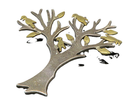 MEXICO 925 Silver  Vintage Two Tone Tree Branch With Birds Brooch Pin  BP9529