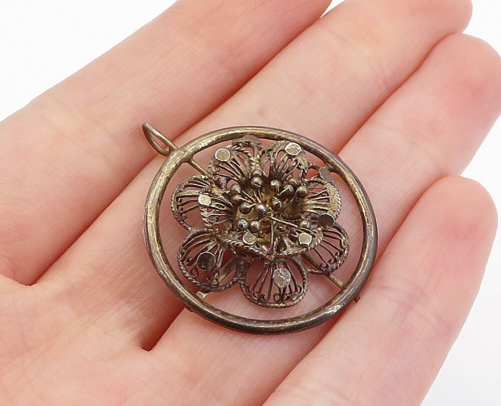 925 Sterling Silver  Vintage Dark Tone Flower Filigree Round Pendant  PT3064