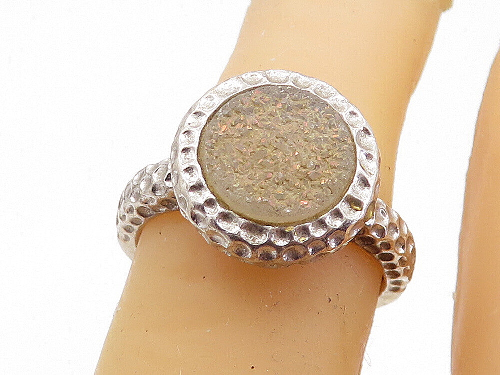 925 Sterling Silver  Vintage Druzy Stone Hammered Cocktail Ring Sz 6  RG7638
