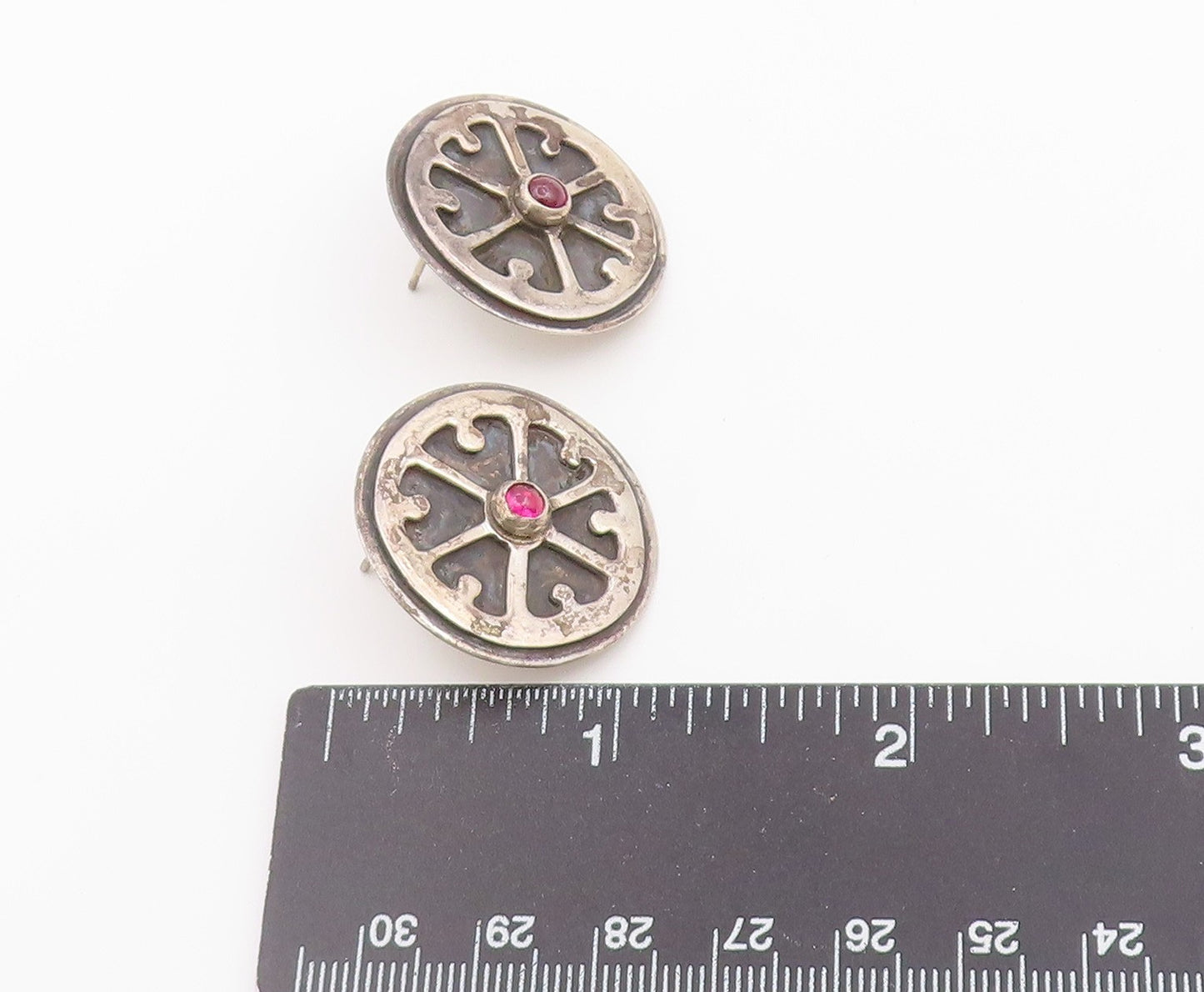 925 Sterling Silver Vintage Earrings Cabochon Garnet Geometric Wheel   EG14435