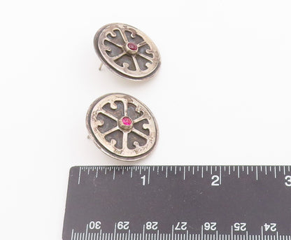 925 Sterling Silver Vintage Earrings Cabochon Garnet Geometric Wheel   EG14435