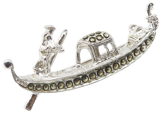 925 Sterling Silver  Vintage Marcasite Man On Gondola Boat Brooch Pin  BP4257