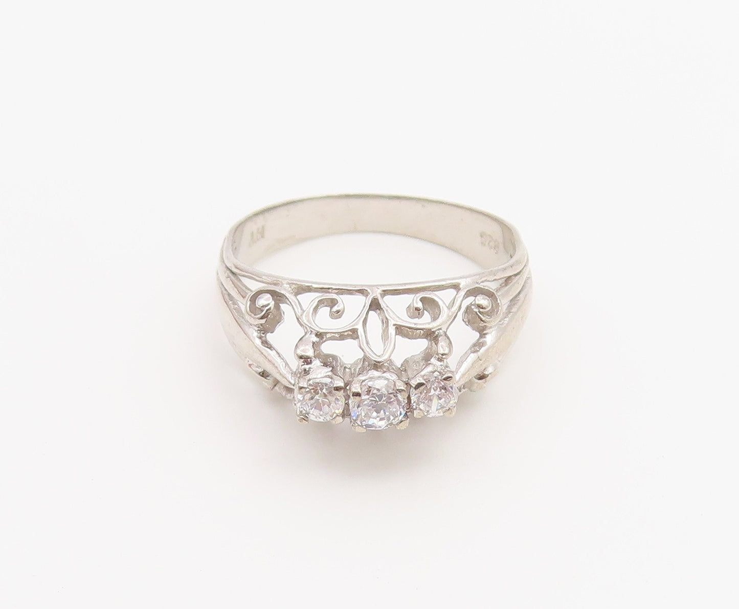 925 Sterling Silver Vintage Ring Three Stone CZ Openwork Band  Sz 6  RG36872