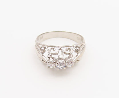 925 Sterling Silver Vintage Ring Three Stone CZ Openwork Band  Sz 6  RG36872