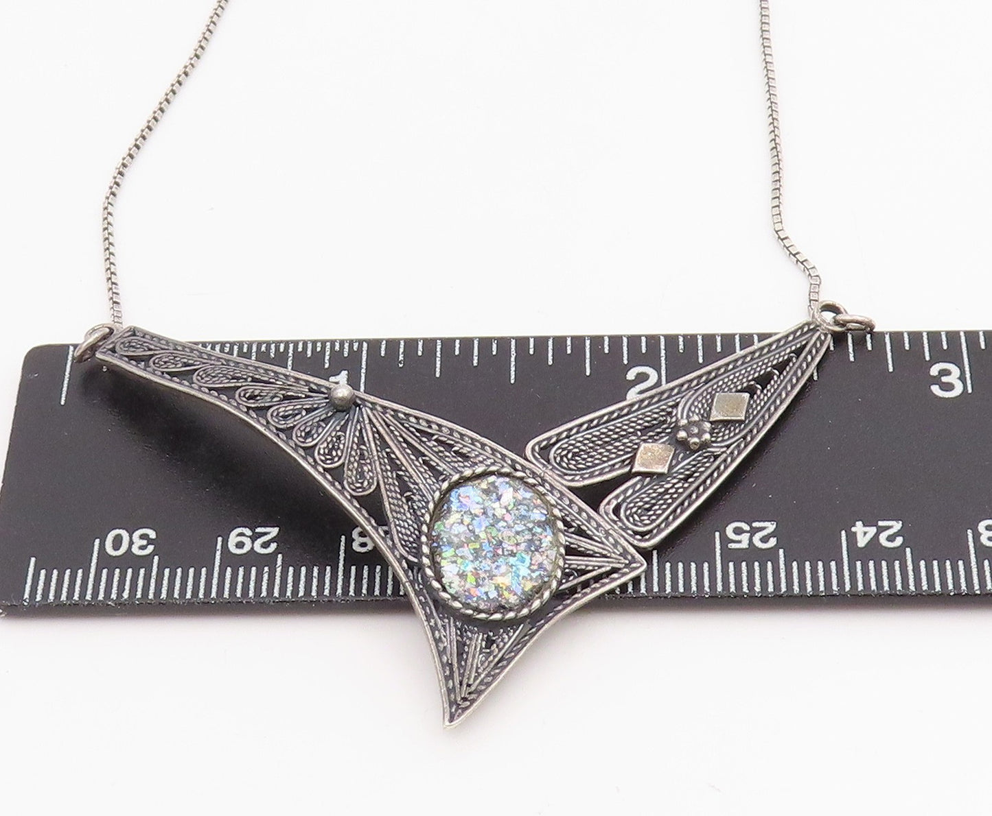 925 Sterling Silver Vintage Necklace ISRAEL Roman Glass Filigree Chain  NE4711