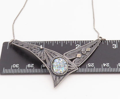 925 Sterling Silver Vintage Necklace ISRAEL Roman Glass Filigree Chain  NE4711