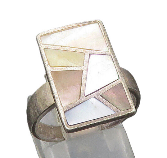 925 Sterling Silver  Vintage Inlaid Mother Of Pearl Band Ring Sz 7  RG22262