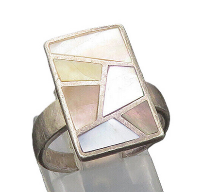 925 Sterling Silver  Vintage Inlaid Mother Of Pearl Band Ring Sz 7  RG22262