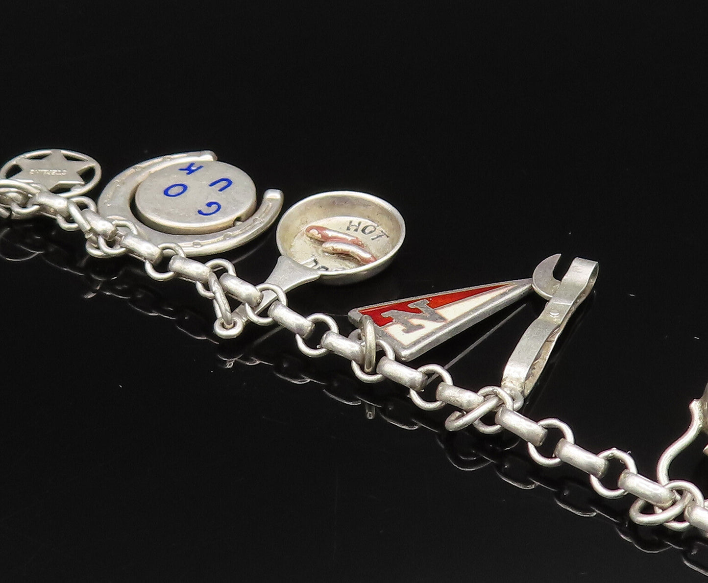 925 Silver  Vintage Hot Dog Pan Crystal Quartz & Multi Charm Bracelet  BT9667