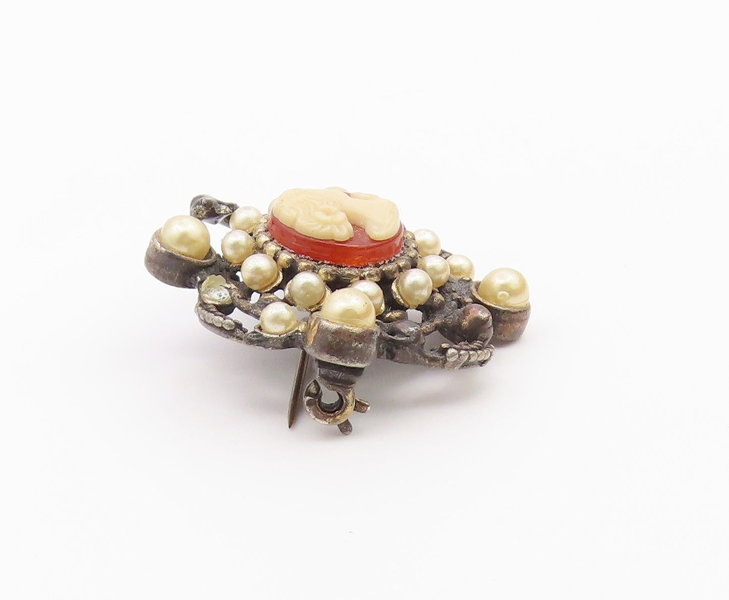 925 Sterling Silver  Vintage Petite Pearls & Carnelian Cameo Brooch Pin BP8060