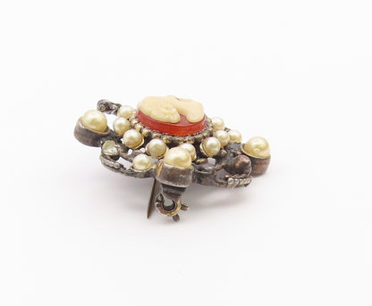 925 Sterling Silver  Vintage Petite Pearls & Carnelian Cameo Brooch Pin BP8060