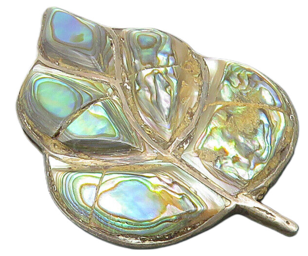 TAXCO 925 Sterling Silver  Vintage Abalone Shell Floral Leaf Brooch Pin BP4274