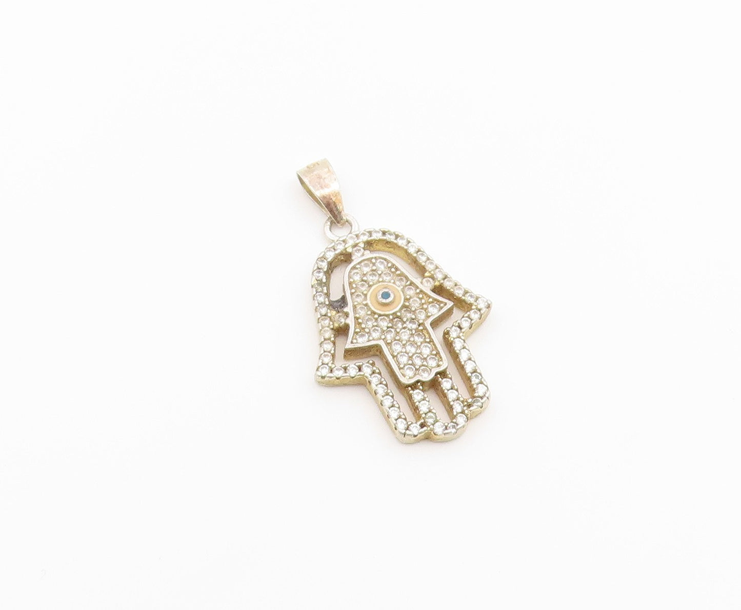 925 Sterling Silver Vintage Pendant CZ Hamsa Evil Eye Protection Charm  PT26552