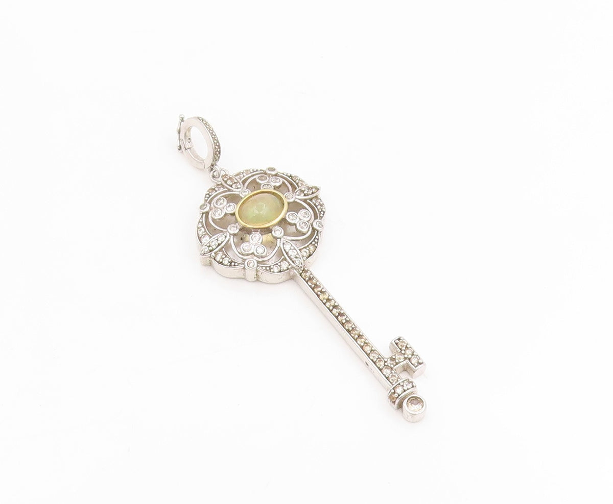 925 Sterling Silver Vintage Pendant Cabochon Opal & CZ Treasure Key  PT25644